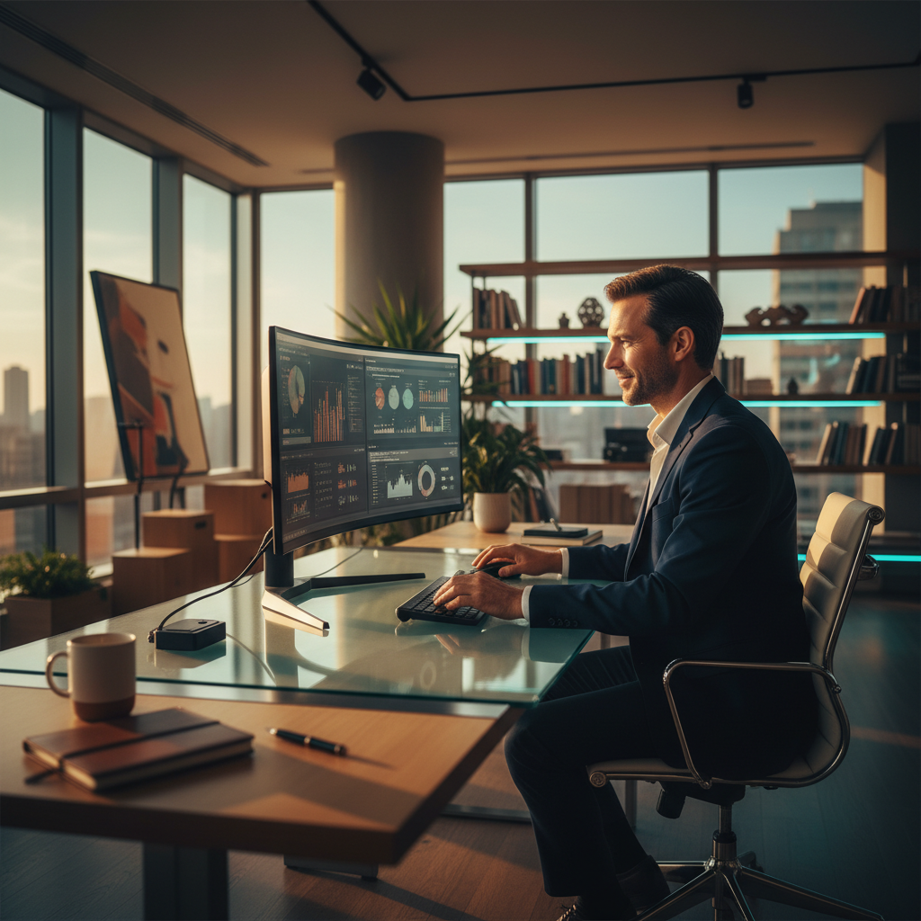 Person working at desk in a modern office