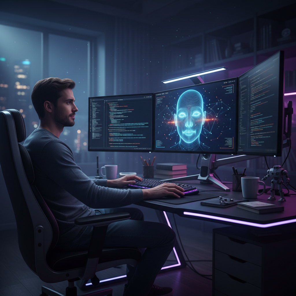 Engineer with 3D face mesh on monitor