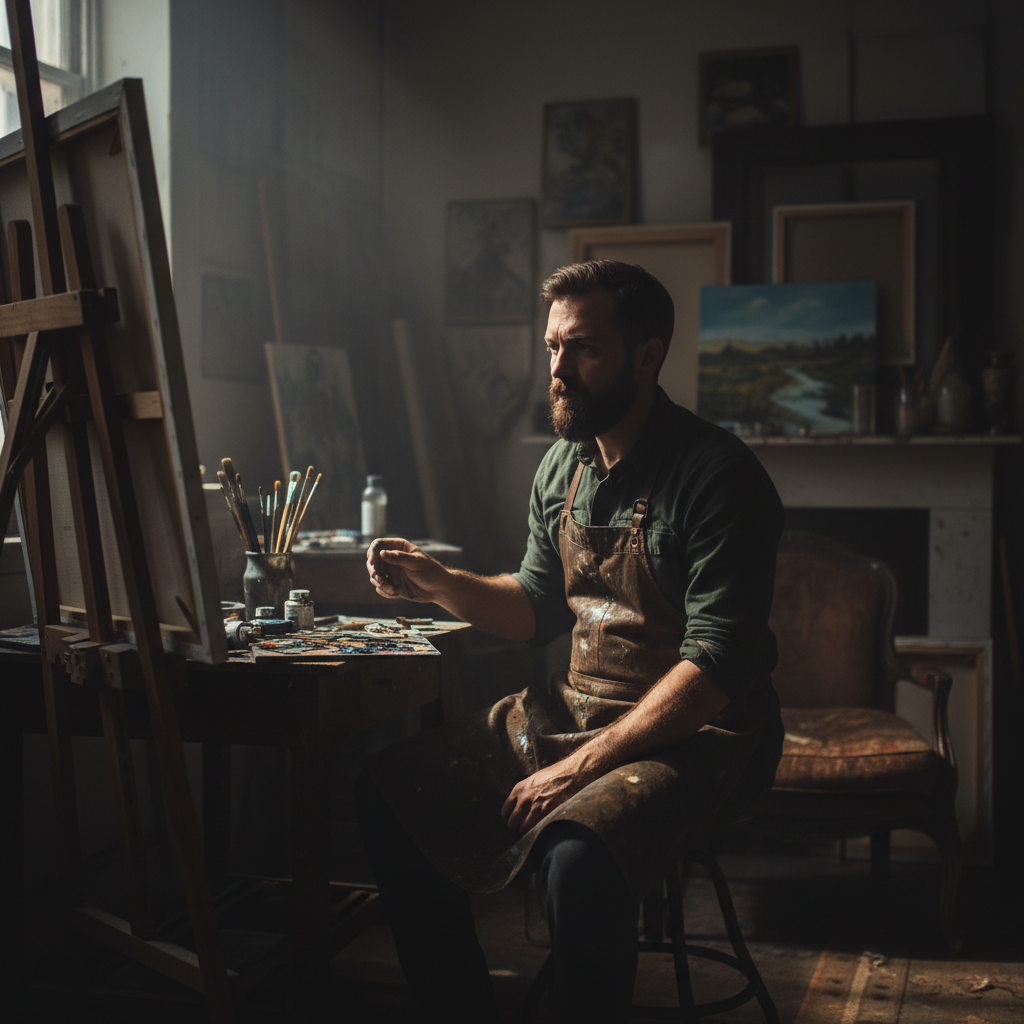 Painter studio with dramatic lighting