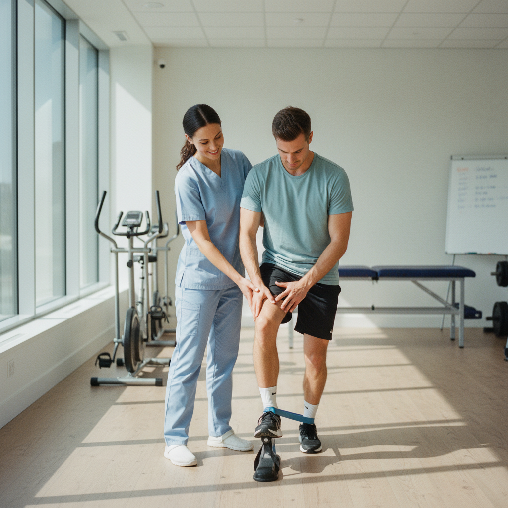 Physiotherapist supporting post-operative rehab session