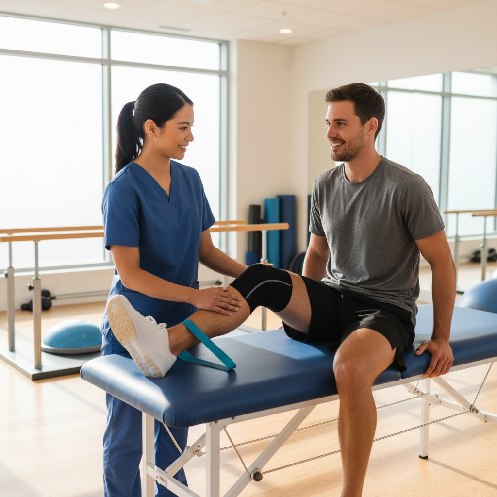 Physiotherapist supporting a post-operative rehabilitation session