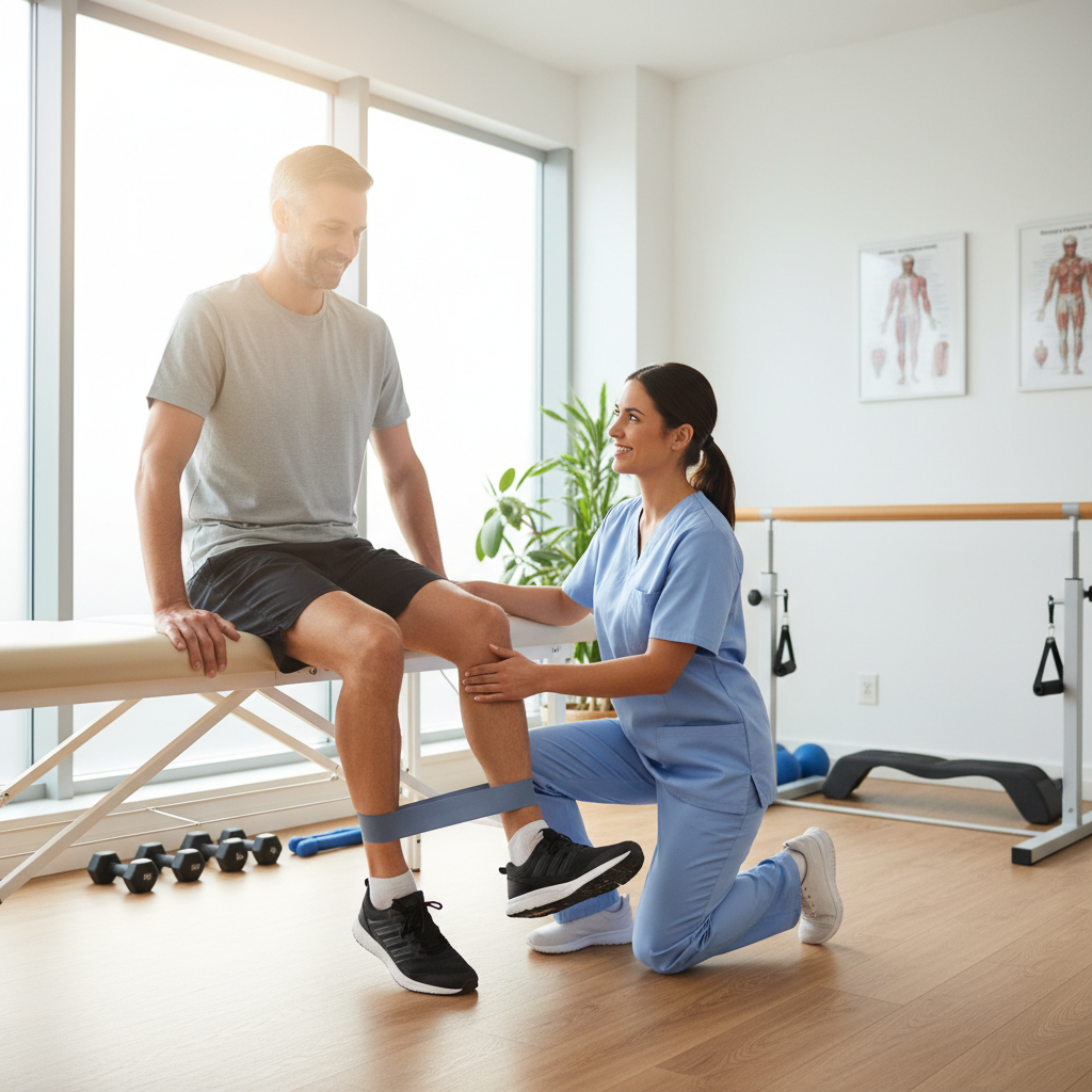 Physiotherapist guiding post-operative rehabilitation