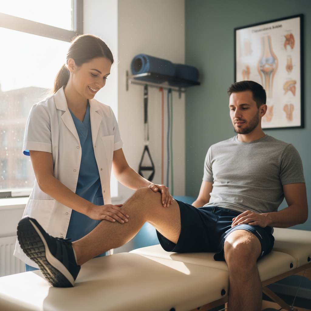 Physiotherapist guiding post-operative knee rehabilitation